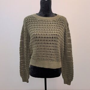 Halogen Green Crew Neck Sweater with Open Knit Design